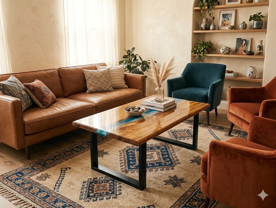 Măsuță cafea UNICAT - Lemn Masiv Nuc/Stejar și Rășină