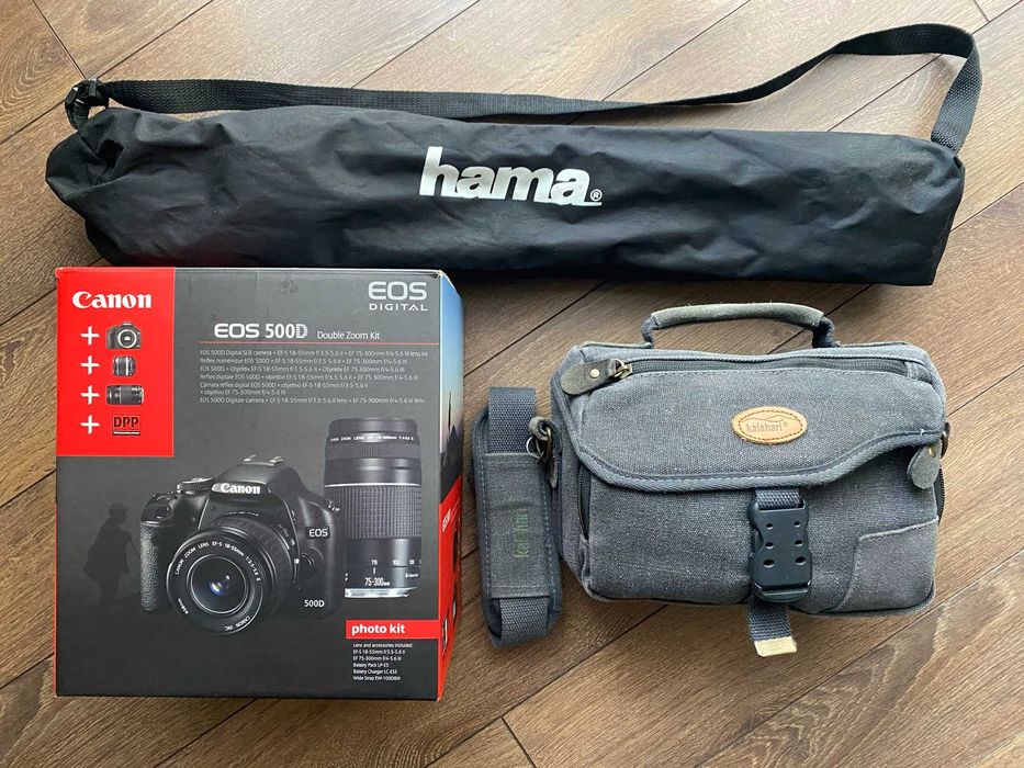 Фотоапарат Canon EOS 500D с два обектива, аксесоари, чанта и статив