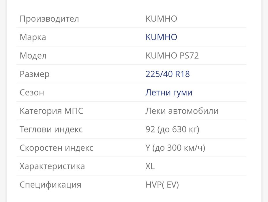 225 40 18 Kumho Eksta Ps72 Замъка Ямбол