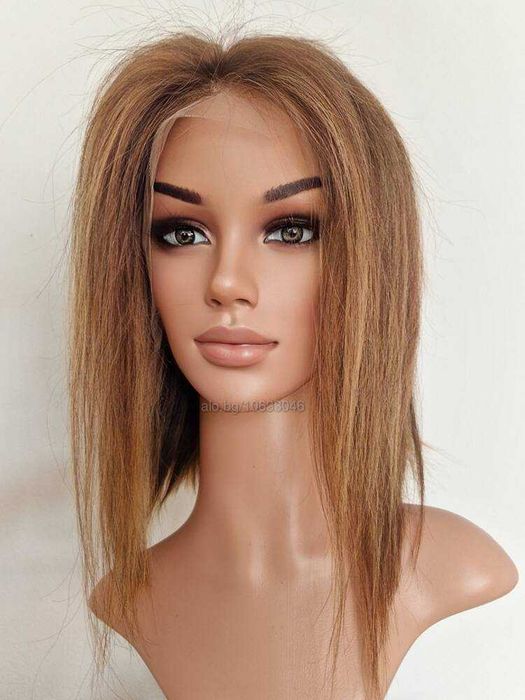 Естествена медено руса перука със светли кичури и дантела 13х4