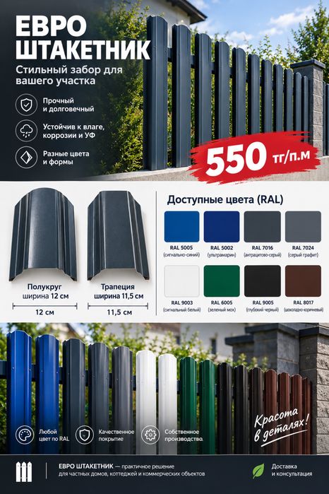 Металлический ЕВРОШТАКЕТНИК для забора