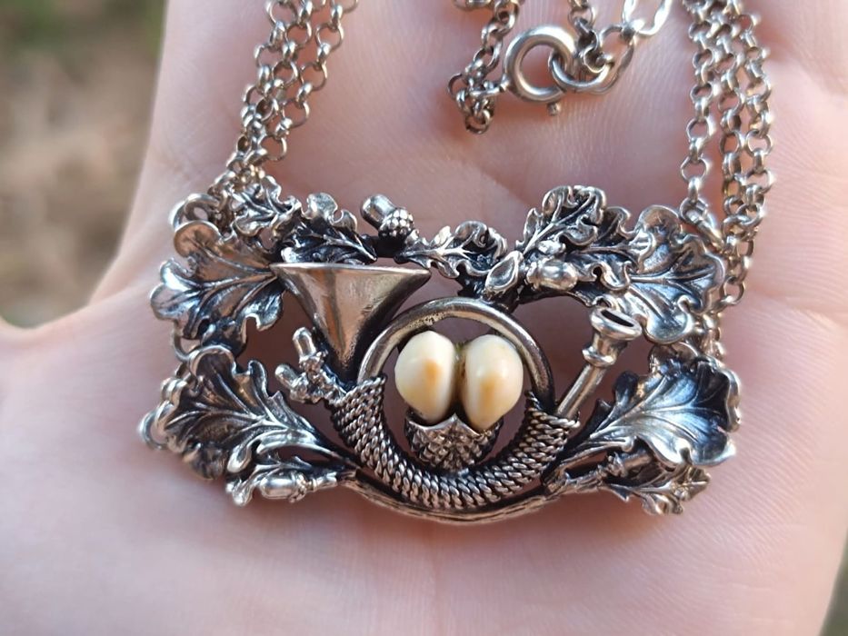 Vechi colier grandel, Charivari, argint 800 cu perle de caprioara