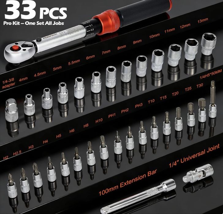 Динамометричен ключ комплект с битове 1/4 “ 1-25 Nm