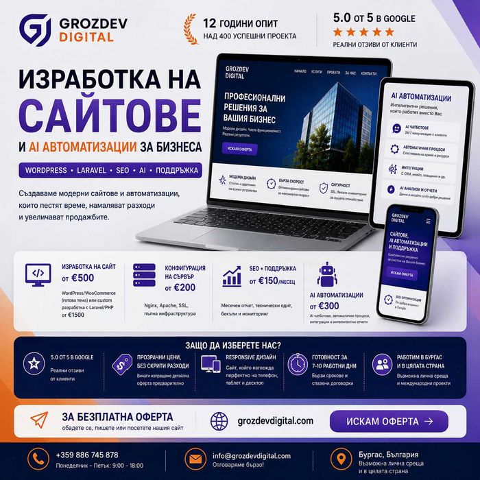Изработка на сайтове от €500 — WordPress, Laravel, SEO | 12 г. опит