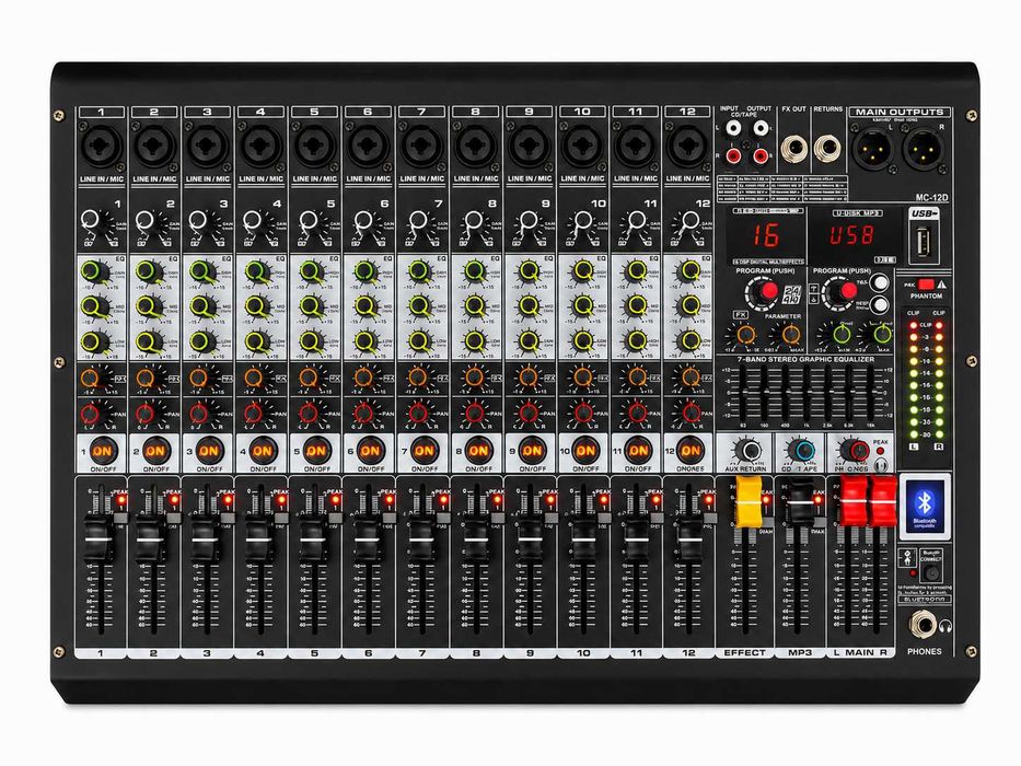 Mixer audio 12 canale 2 x 450W Stereo canal 16 Efecte digital DSP Bluetooth USB cu amplificator