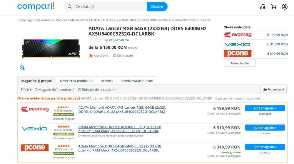 Memorie DDR5 XPG Adata Lancer 6400 64GB (2x32) CL32 RGB Negru