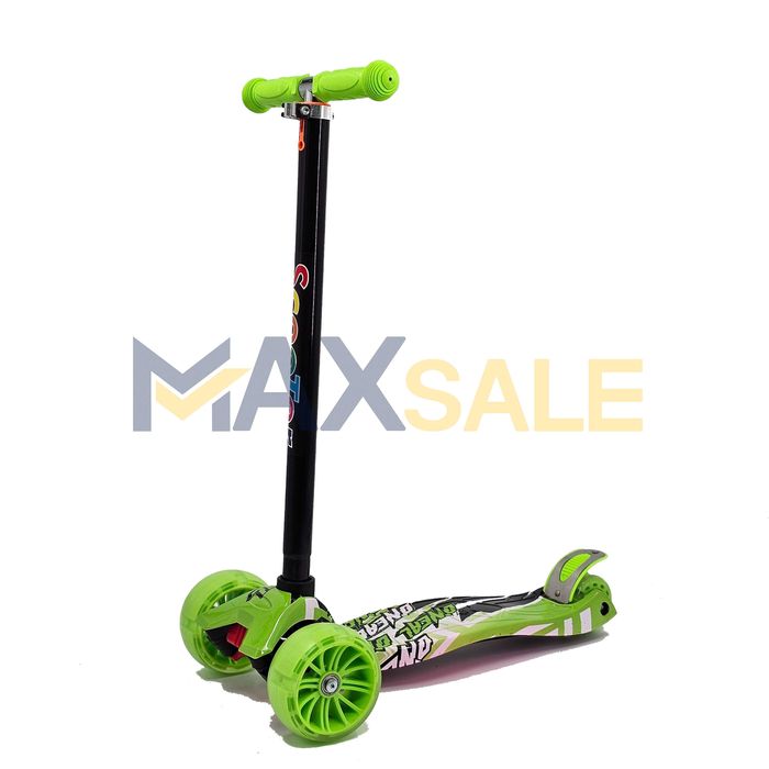 Триколка детска тротинетка с 3 светещи колела зелено многоцветно