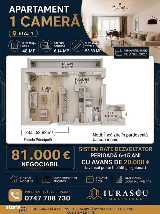 Apartament 1 camera SISTEM RATE LA DEZVOLTATOR, 6-15 ani, Valea Adanca