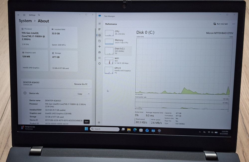 15.6' IPS Lenovo P15v Gen2 Intel Core i7-11800H/32GB DDR4/512GB/Бат.6ч.