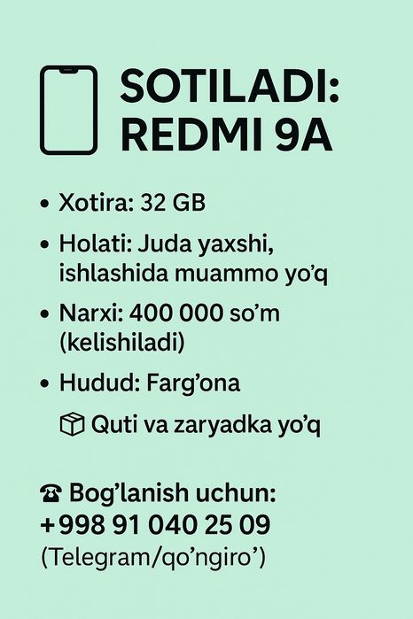Redmi 9A sotiladi