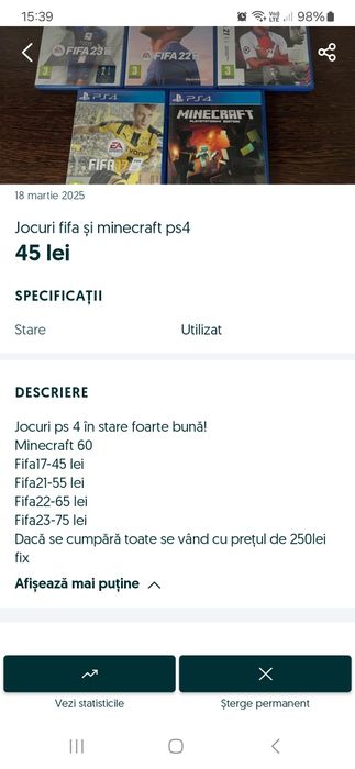 Cd ps 4 stare foarte buna!Fifa 23 si minecraft vandute!