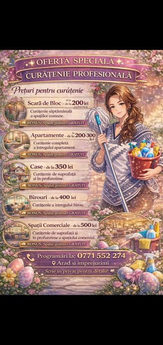 Servicii curățenie, apartamente,case si birouri ,scara de bloc!