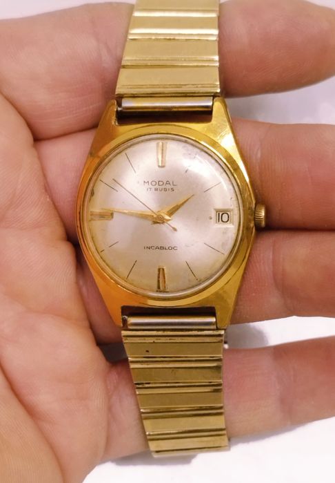 Ceas bărbătesc Modal mecanic, 17 Rubine, din anii 1960, inox, cu dată.