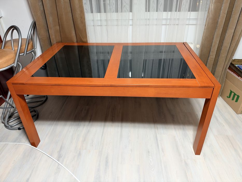 Masă sufragerie extensibilă lemn masiv cu sticlă neagră, 160→200 cm