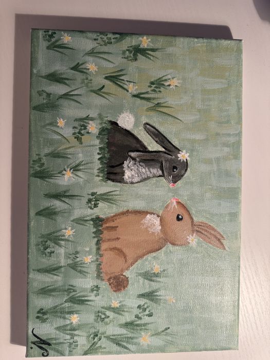 Ръчно нарисувана картина със сладки зайчета