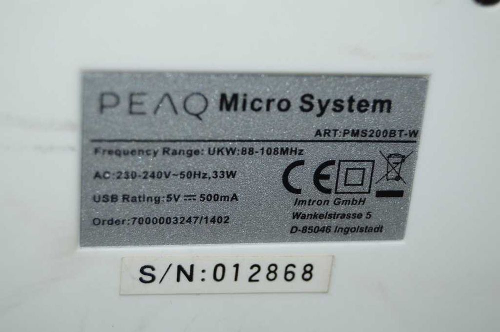 Micro system audio PEAQ PMS200BT-W USB, SD, FM, CD mp3, AUX