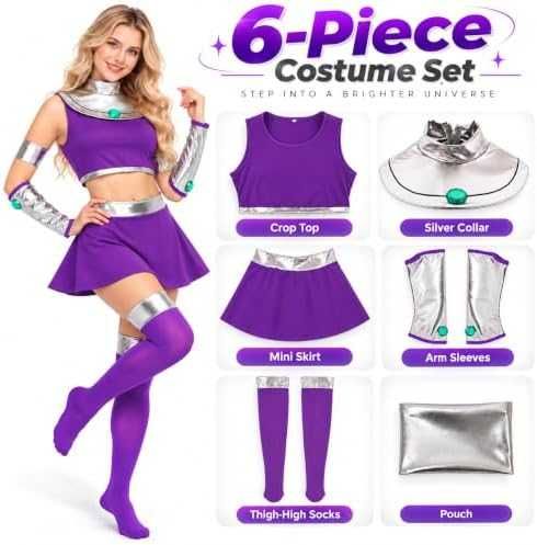Нов дамски Starfire Cosplay костюм за жени лилава извънземна принцеса S размер за Хелоуин косплей маскарад