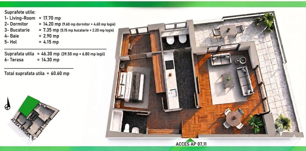 Apartament Modern cu 2 Camere și Terasă Generoasă în Dristor