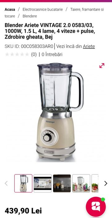 Blender Ariete Vintage 1000W, sticlă