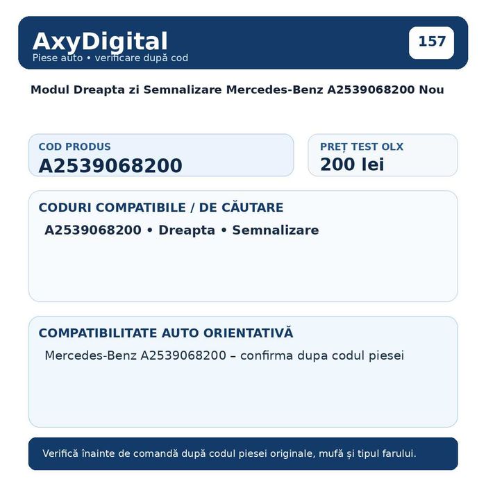Modul Dreapta zi Semnalizare Mercedes-Benz A2539068200 Nou