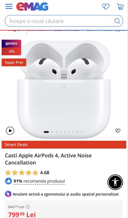 MDM vinde: Casti Airpods 4 ANC, White.