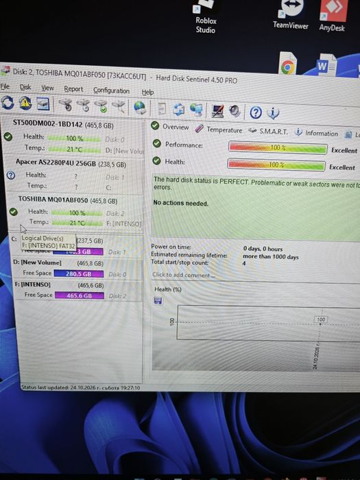 Intenso (Toshiba) 500GB HDD външен хард диск 100% Health Чисто нов