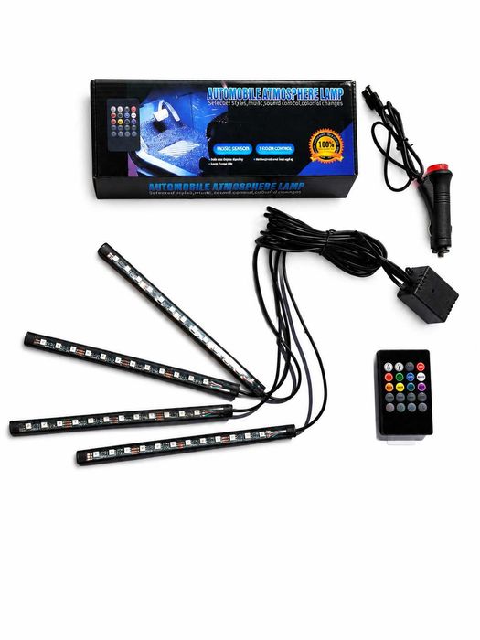 Kit 4 benzi LED picioare RGB auto, 12 LED/banda, telecomanda si sincronizare cu muzica