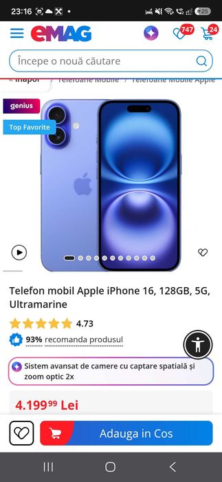 Telefon mobil Nou Sigilat cu garantie Apple iPhone 16, 128GB, 5G, Ultramarine