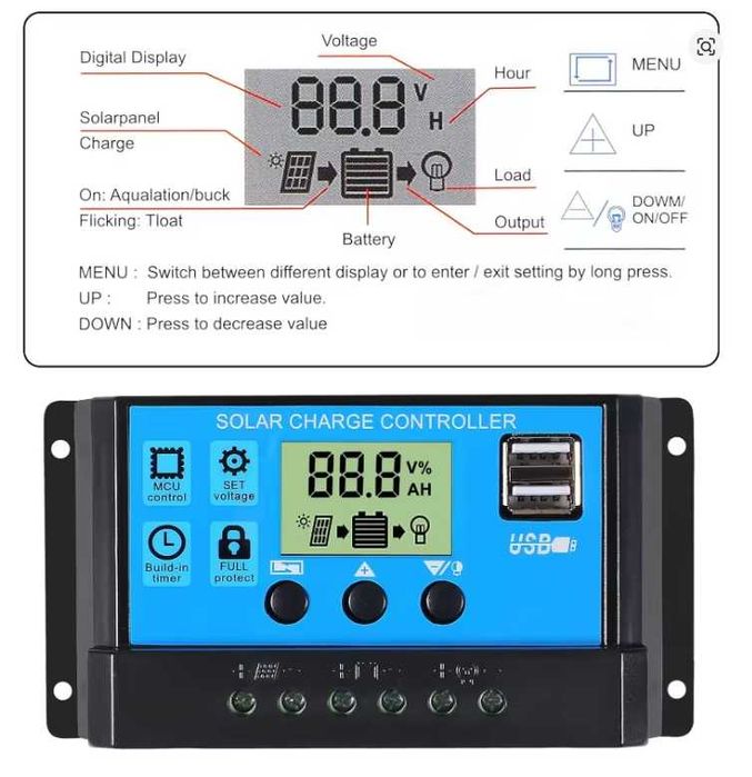 Controller PWM Solar 30A sau 60A cu Display LCD – Regulator Încărcare Panouri Solare 12V/24V Auto, Timer, USB
