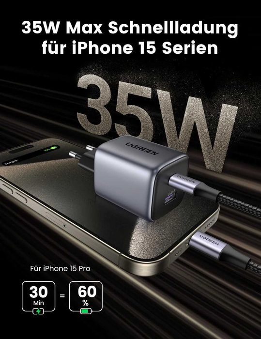 Încarcator UGREEN Nexode 35W 2 in 1 GaN v2 perfect pentru Iphone 16 Pro Max,  Galaxy S24 Ultra