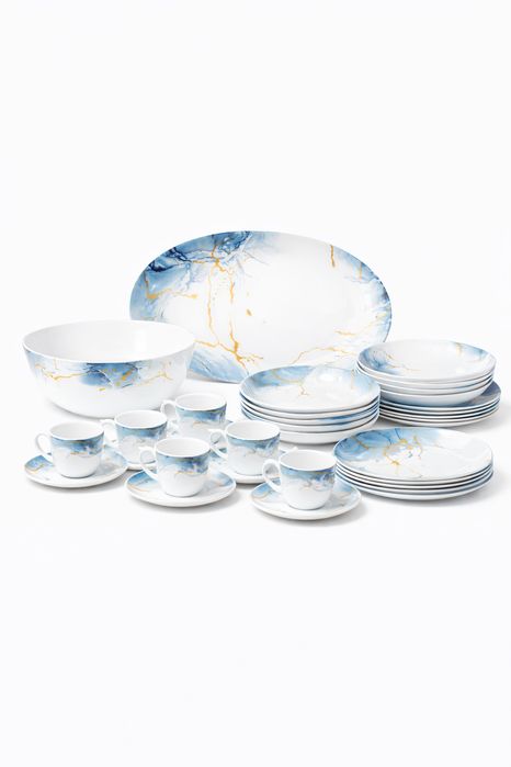 Set serviciu masa opal 32 piese, 6 persoane, alb cu model marmura gri si detalii aurii, farfurii si cesti incluse, model ONIX