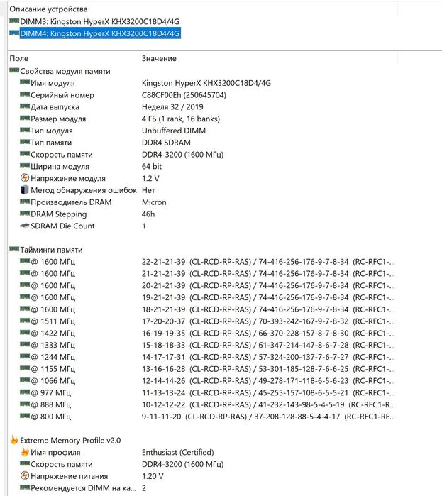озу DDR4 Hyper x, 3200 mhz 4gb + 4gb