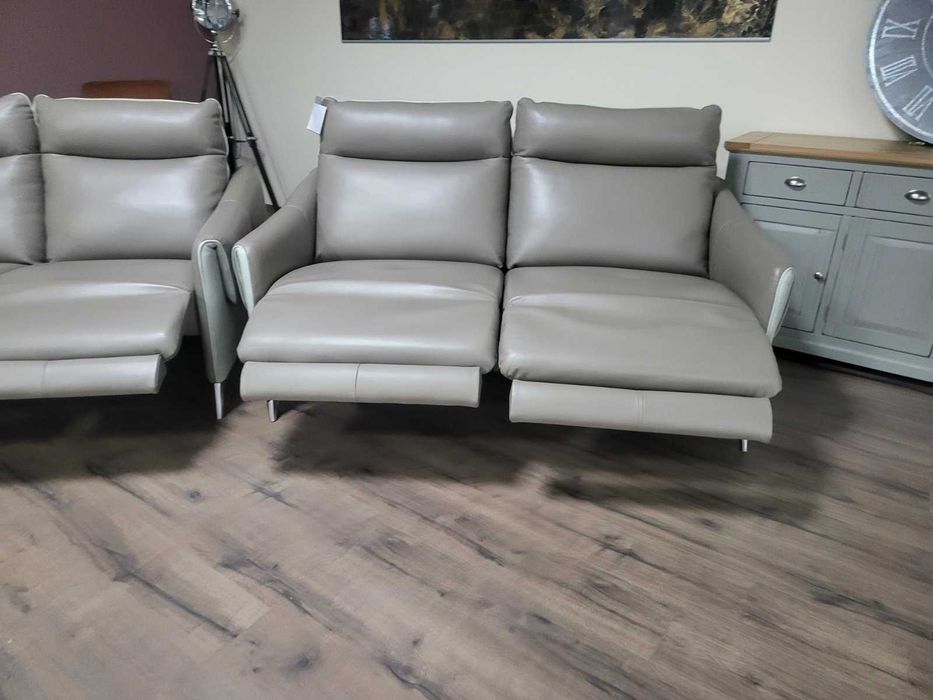 Бежов комплект кожени дивани с фотьойл с ел релакс механизъм