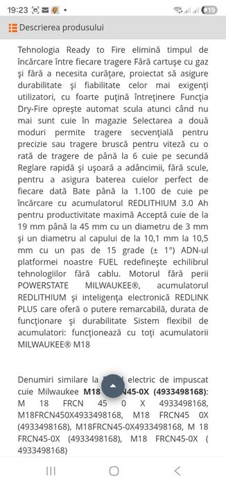 Pistol cuie milwaukee M18 frcn45-0x