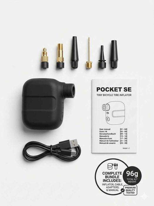 Мини Електрическа Помпа 93g 100PSI - Джобен Компресор с Кутия и Адаптери за Всички Вентили - Подарък за Колело и Тротинетка