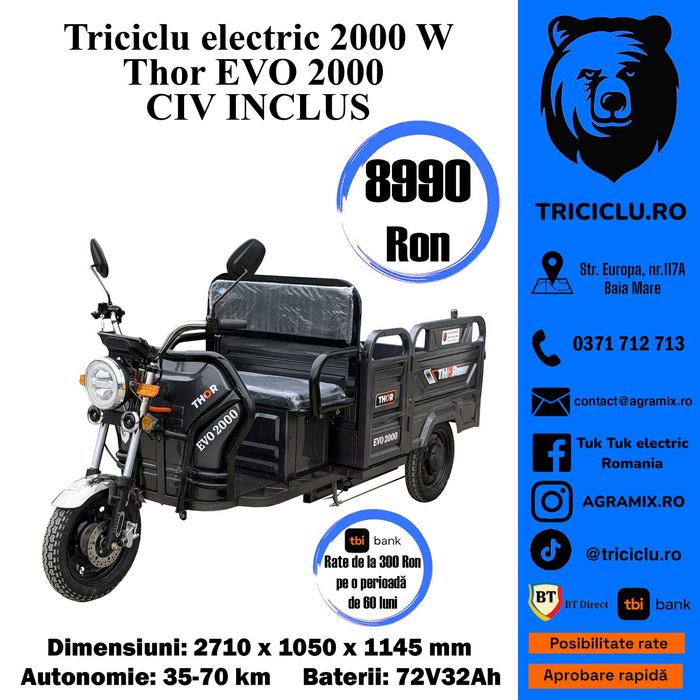 Tricicleta Thor EVOmotor2000w electrica  Noua carte CIV invlus Agramix