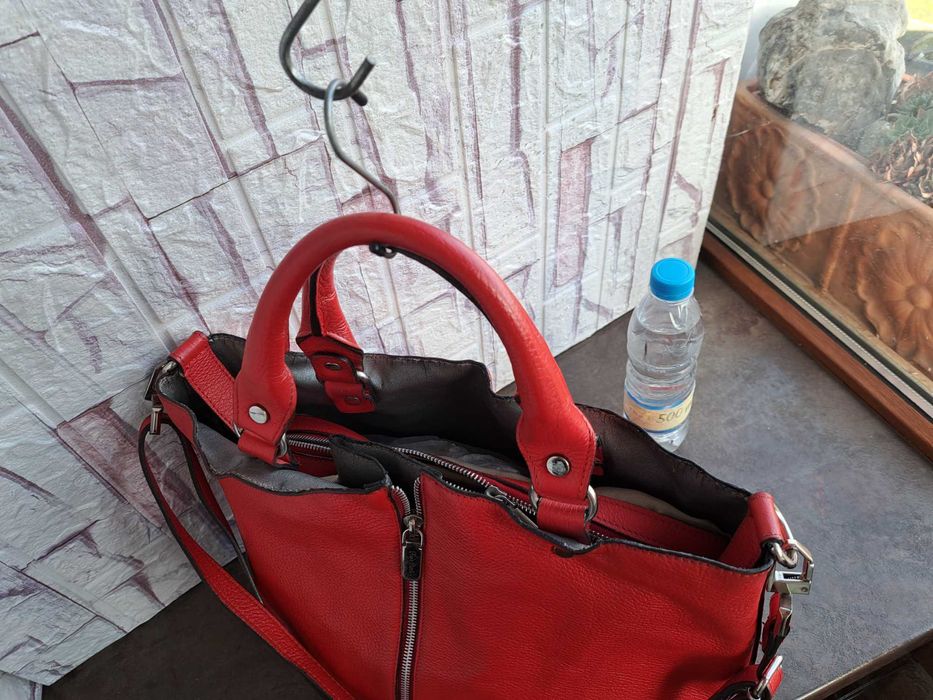 дамска чанта Pierre Cardin,голяма червена-естествена кожа