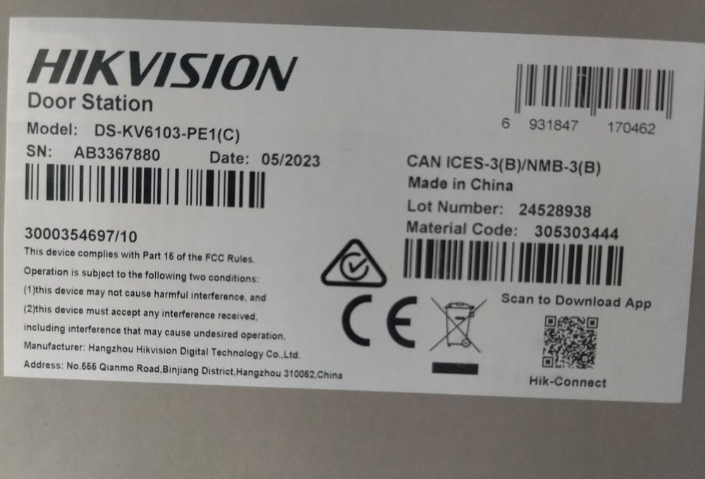 Hikvision DS-KV6103-PE1(C), Вызывная панель,Tashqi zvanok, Domofon u.n