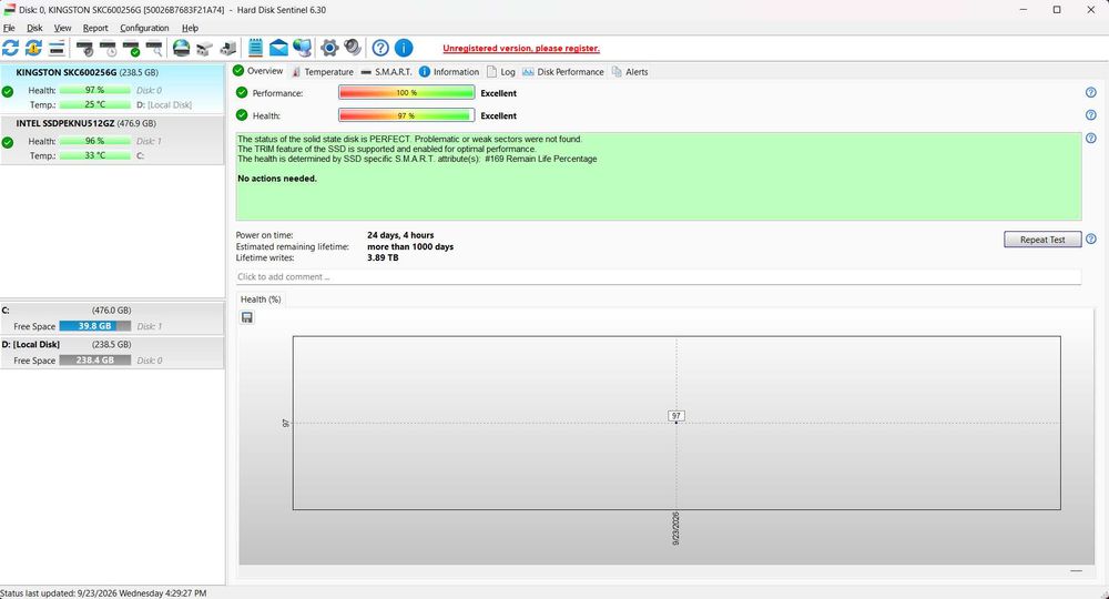 SSD Kingston KC600 256GB SATA III – 97% Health – Testat – 562 MB/s