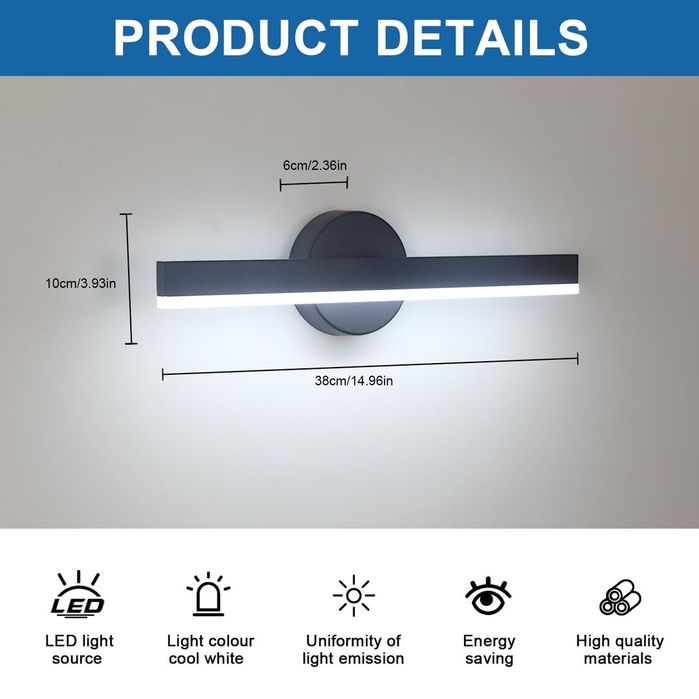 Aplica LED Baie Oglinda 12W Rotativa 38cm Neagra