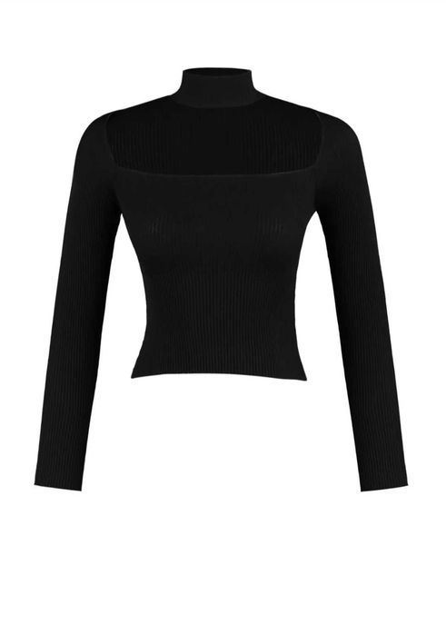 Pulover crop negru cu guler tip chocker