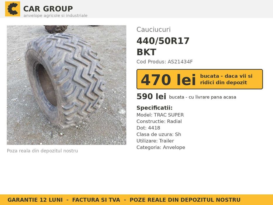 Anvelope Cauciucuri 440/50R17 440/50 R17 440 50 R17 4405017 BKT Remorca Implement Flotatie SH Second Hand GARANTIE Factura TVA Livrare Rapida Pret Bun