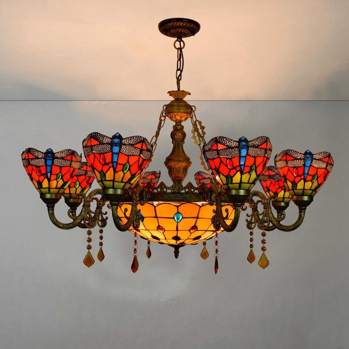 Candelabru Tiffany, model Libelulă Roșie, 8+1 brațe