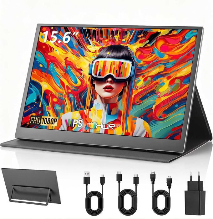 Monitor portabil de 15,6 inch, FHD IPS (1920 x 1080p), antireflex, USB-C și Mini HDMI, cu difuzor integrat și husă de protecție cu suport