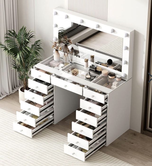 Тоалетка бяла будоар холивудско огледало