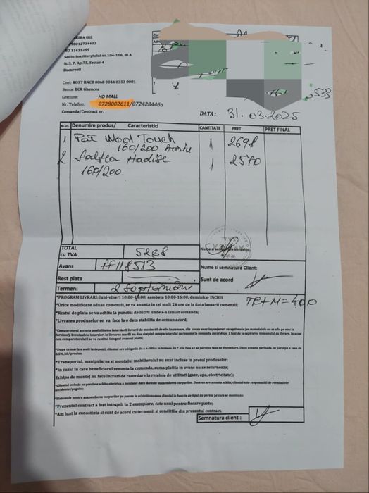 Saltea nouă cu factură