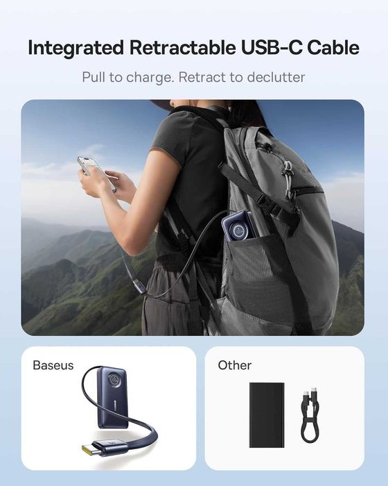 Baseus външна батерия 20 000 mAh вграден прибиращ се USB-C кабел, 67 W