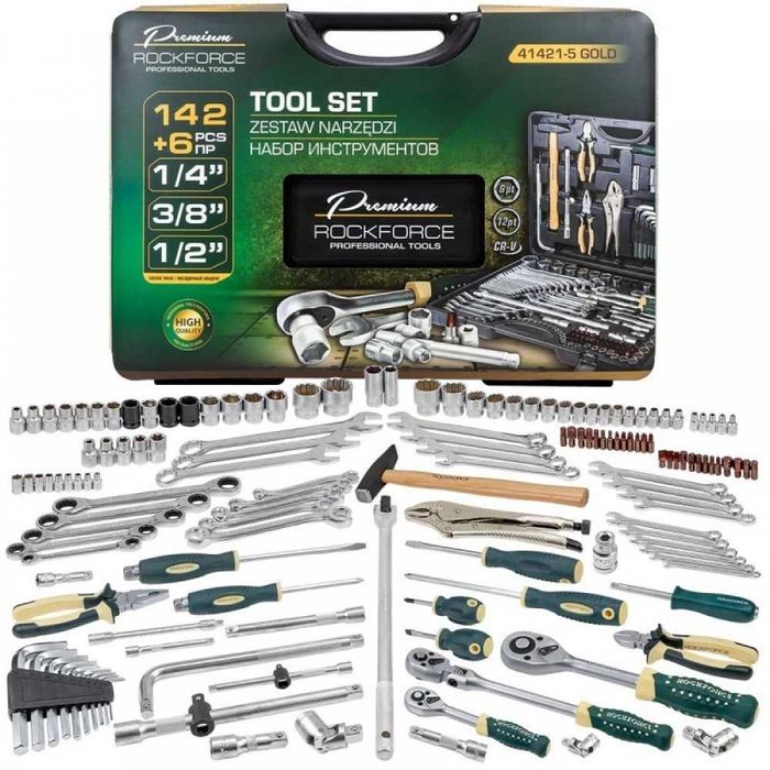 Гедоре 1/4″, 3/8″, 1/2″ 142+6 части ROCKFORCE PREMIUM