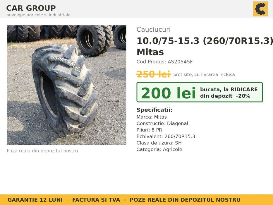ANVELOPE 10.0/75-15.3 260/70R15.3 Mitas Cauciucuri Remorca Implement 8PR Agricole SH GARANTIE Factura TVA