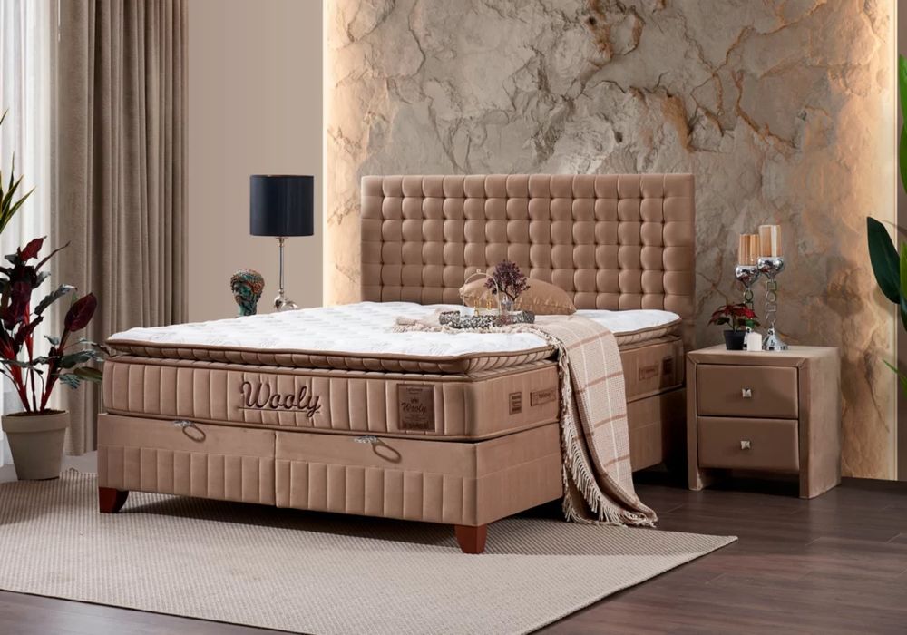 Тапицирано легло Wooly Кафява Охра с луксозен матрак